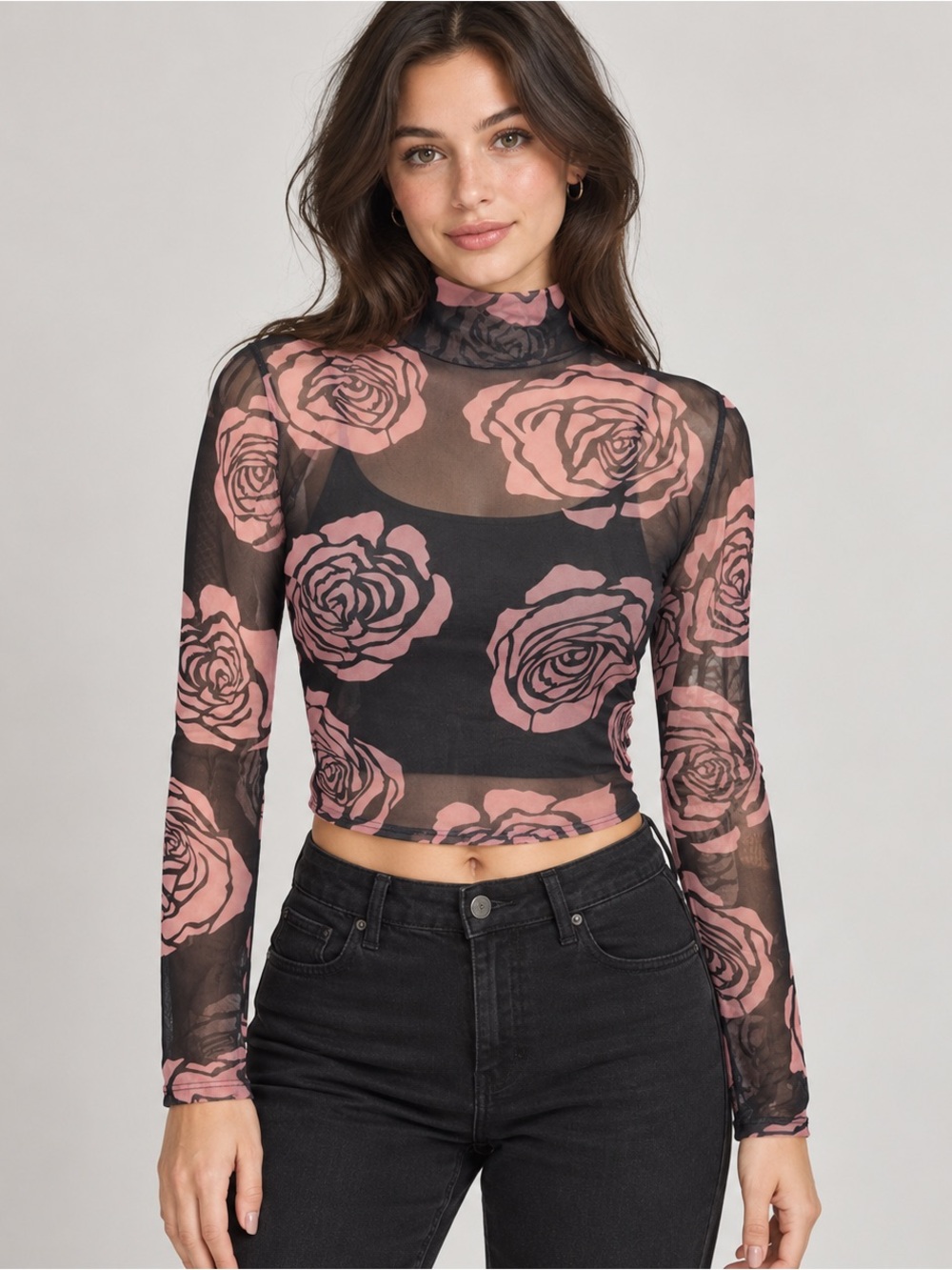 Soft goth Floral Rose Mesh Mock Neck Crop Top Black Pink Sheer Long Sleeve
